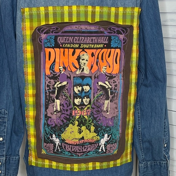 80s Pink Floyd Colorful Denim Band Tee Graphic Neon Plaid Shirt Retro Vintage - Picture 3 of 11